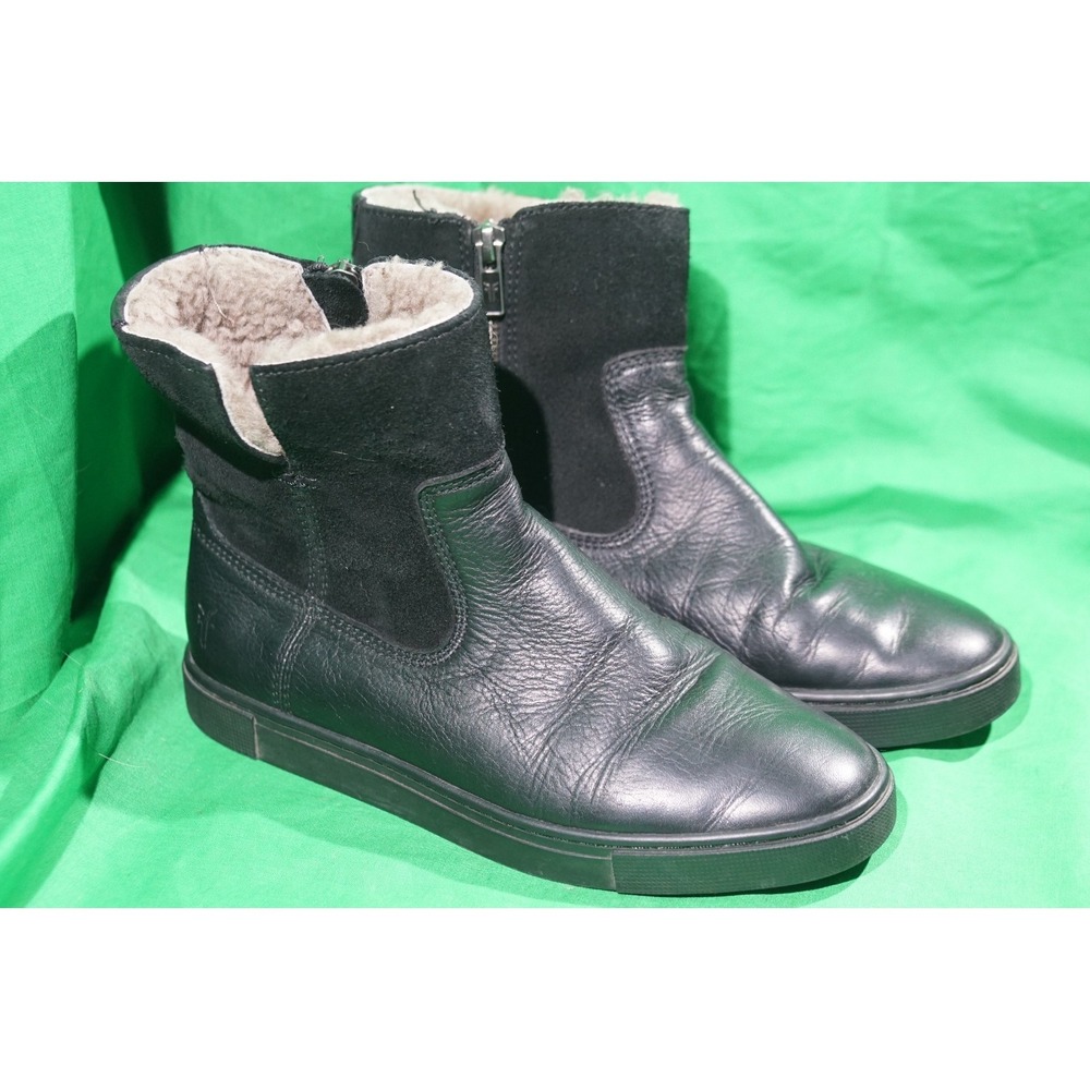 FRYE Gemma‎ Short Shearling Boots WOMENS 6M Side Zip Black Leather